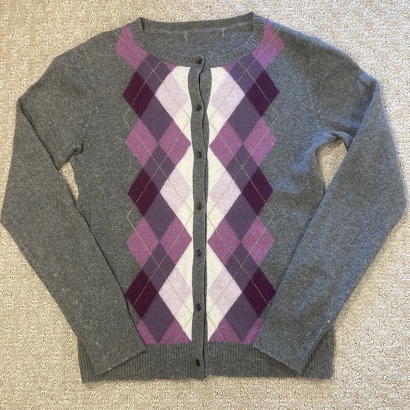 Cardigan Argyle Sweater Womens Wool Blend Gray Purple White Sz Small Button Up - Picture 1 of 7